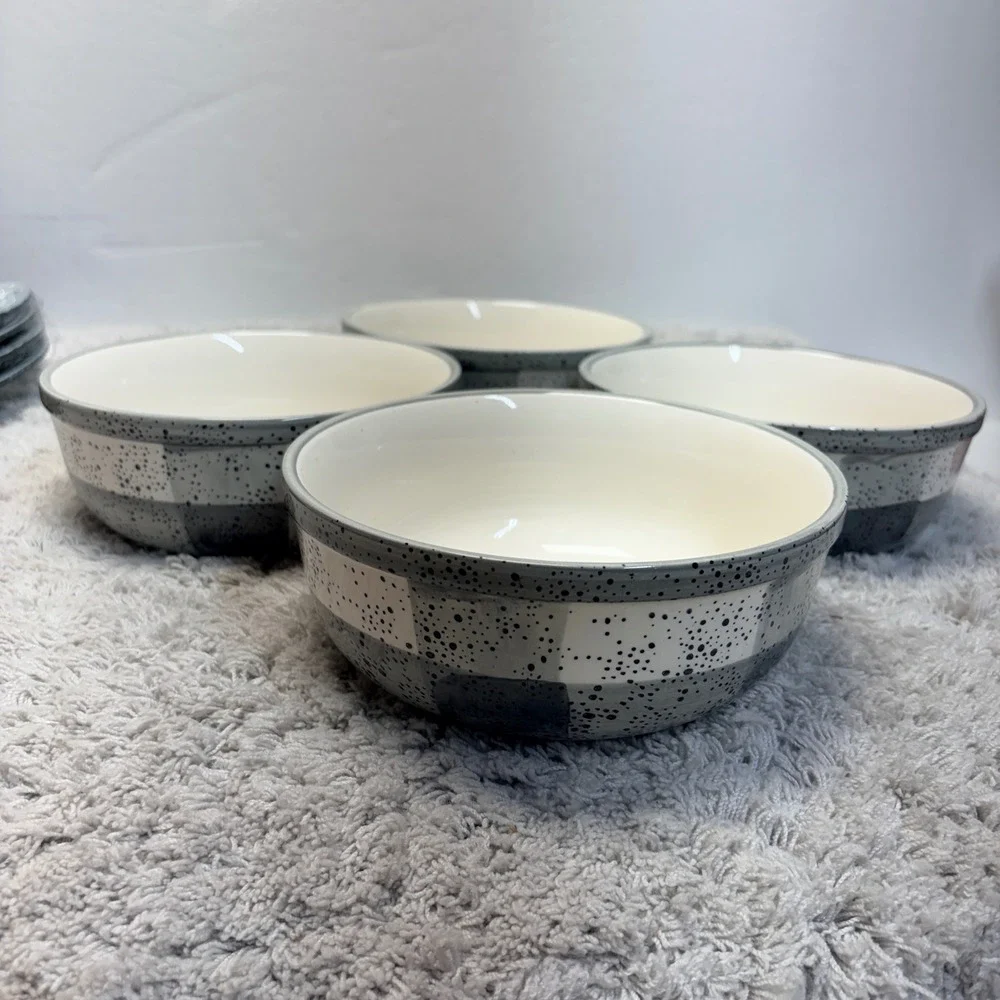 Baum Vale Grey White Buffalo Plaid Speckled China Cereal Bowls Set of 4